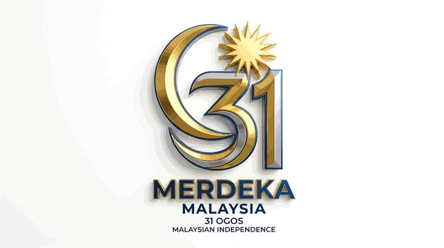 Malaysian Independence Day celebration with golden emblem and flags