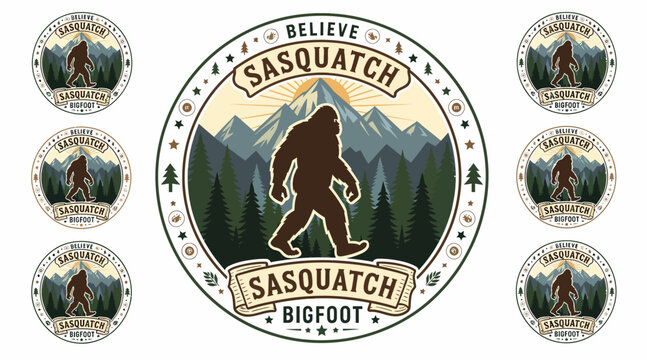 Believe Bigfoot Sasquatch Mountain Landscape Emblem Vintage Style Label