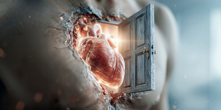 Intimate view of chest with luminous heart and textured flesh highlights vulnerability and strength