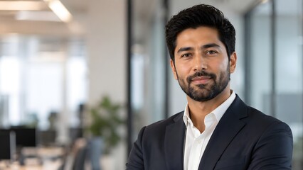 Fototapeta premium Professional portrait of a confident middle aged businessman with a beard smiling in a modern bright office workspace background with copy space.