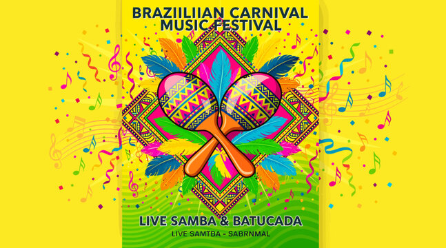 BRAZILIAN CARNIVAL MUSIC FESTIVAL: Maracas, Feathers, Confetti, Samba, Batucada, Yellow Background