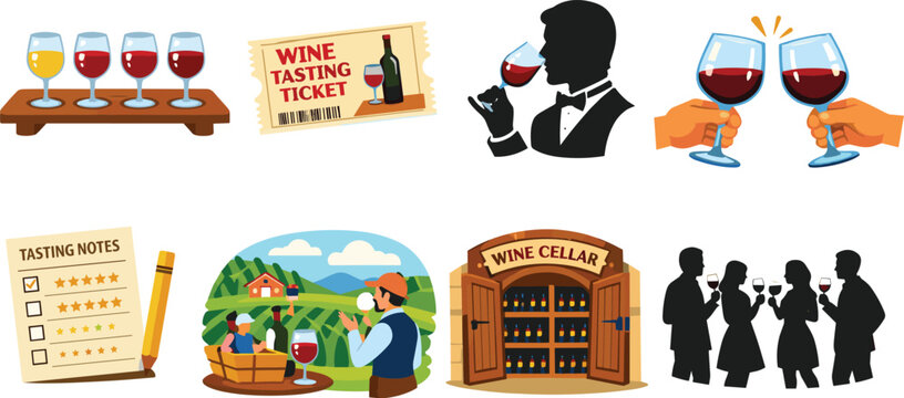 Wine Tasting Vector Illustration with Glasses, Tickets, Notes, and Cellar