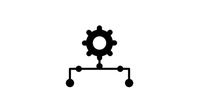 A gear icon connected to a branching node diagram representing a settings workflow or automated process configuration system