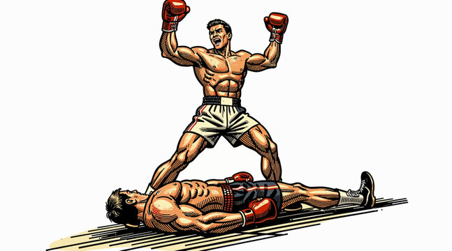 boxer wins, victorious fighter stands over defeated opponent