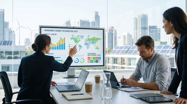 Corporate team analyzing renewable energy integration project on large display screen, discussing sustainable development goals, global wind and solar power maps