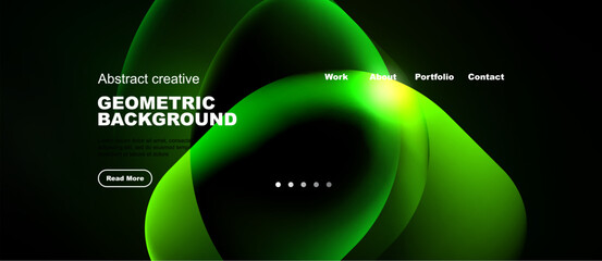 Naklejka premium Dark background features vibrant green fluid shapes. Website header includes navigation options, text, button. Modern design aesthetic.