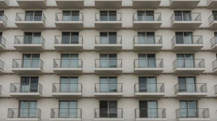 Fototapeta premium Modern apartment facade with repeating balcony grid and soft neutral tones, calm minimalist