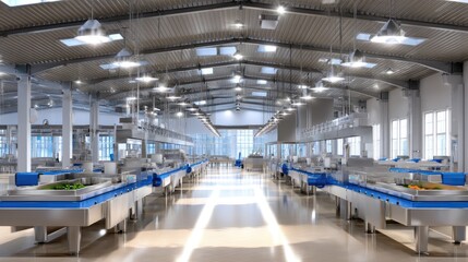 Obraz premium Modern Food Processing Facility Interior with Bright Lighting and Clean Stainless Steel Equipment