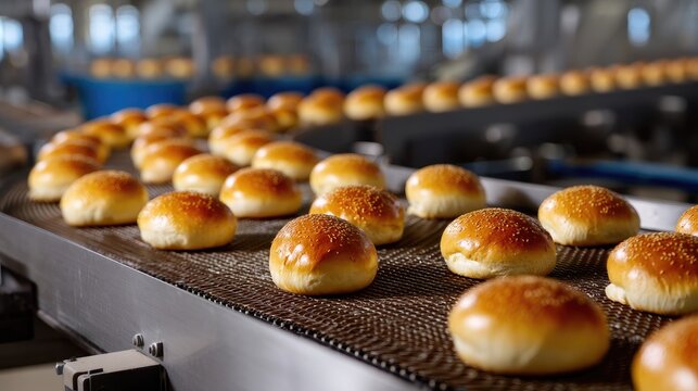 Freshly Baked Buns on Conveyor Belt in Industrial Bakery Setting with Golden Brown Finish and Shiny Toppings