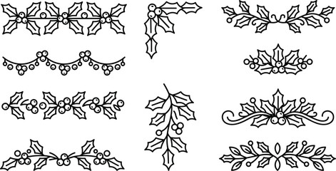 Holly leaf and berry decorative borders and corners with swirling accents isolated on white background © Mdjillur