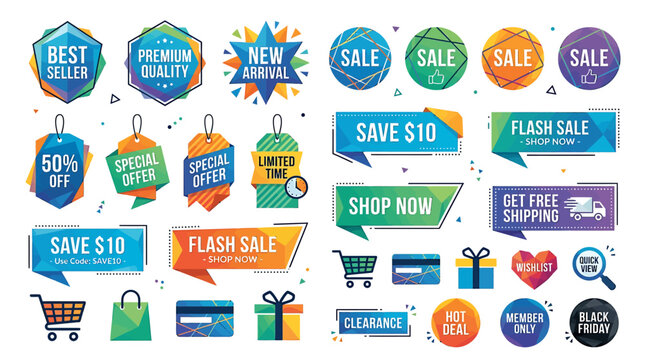 Various sale stickers and labels on a white background for shopping