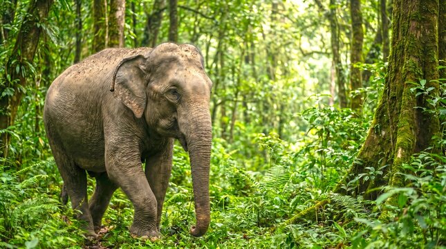 Asian elephant walking through a lush tropical rainforest