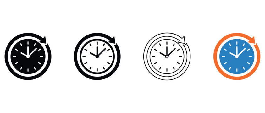 clock icons with circular arrows indicating time reversal or recycling on white background  various clock faces and colors