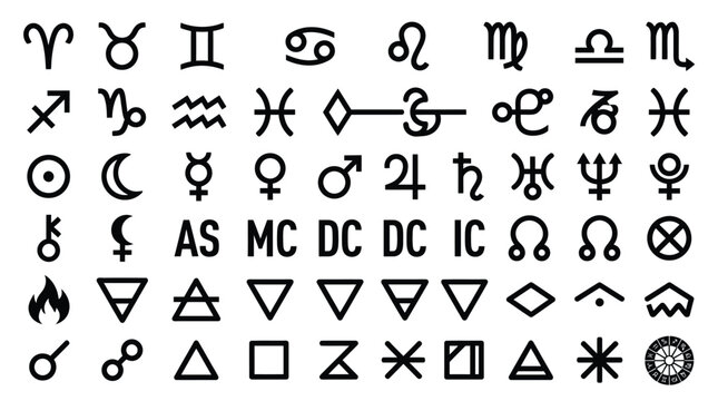 Black astrology icons set featuring twelve zodiac signs, planetary symbols, alchemical elements, lunar nodes, and astrological aspects isolated on a white background for natal charts.