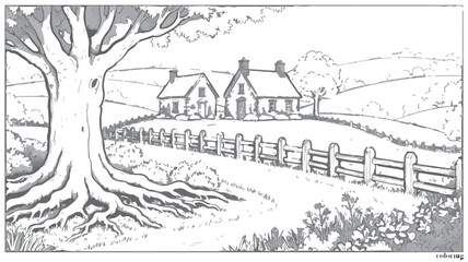 Fototapeta premium Rural Landscape: A picturesque illustration depicts a serene countryside scene with two charming cottages nestled amidst rolling hills, bordered by a rustic wooden fence and a majestic, ancient tree.