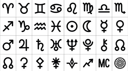 Grid of 32 black astrological and astronomical icons on white background including zodiac signs, planets like Mercury and Venus, asteroids, lunar nodes, and a celestial horoscope wheel. © Saida Nahdhoh