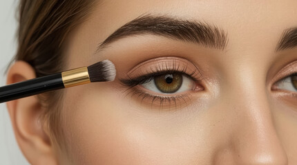 Naklejka premium Soft neutral eye makeup with blending brush creating luminous eyelid glow