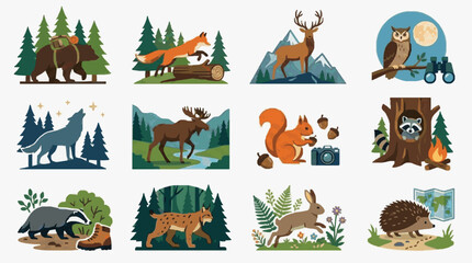 Fototapeta premium Clean Illustrated Set of 12 Whimsical Forest Animals and Nature Themed Icons in Vibrant Colors with high quality professional line art symbols for modern creative design and digital branding projects