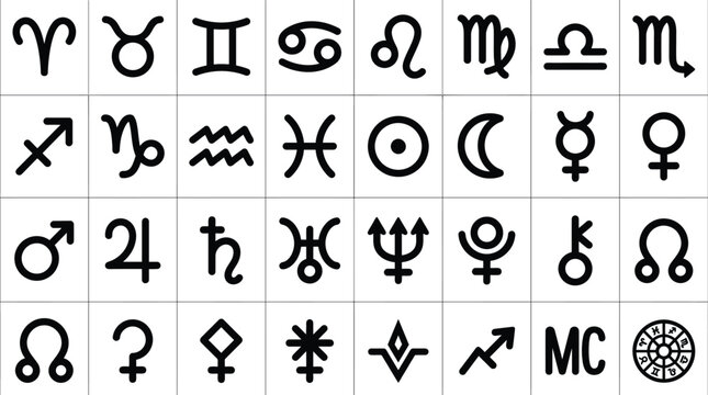 Grid of 32 black astrological and astronomical icons on white background including zodiac signs, planets like Mercury and Venus, asteroids, lunar nodes, and a celestial horoscope wheel.