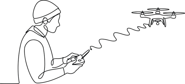 Continuous one line drawing of a young man pilot operating flying drone camera with remote control console vector