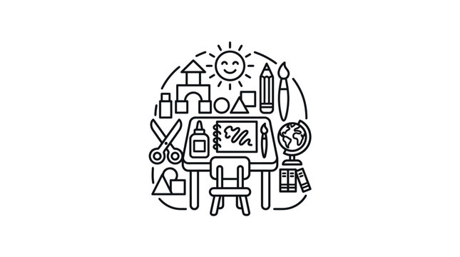 Creative Black and White Line Art of Educational and Artistic Elements with Sun Chalkboard Pencils Scissors Books Globe