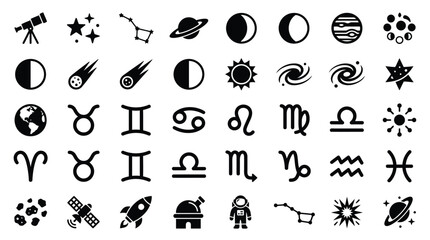 Comprehensive set of black astronomy and astrology icons featuring zodiac signs, planets, moon phases, constellations, telescopes, rockets, astronauts, and celestial bodies on white. © Saida Nahdhoh
