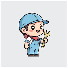 Fototapeta premium Cartoon mechanic boy holding wrench tool.