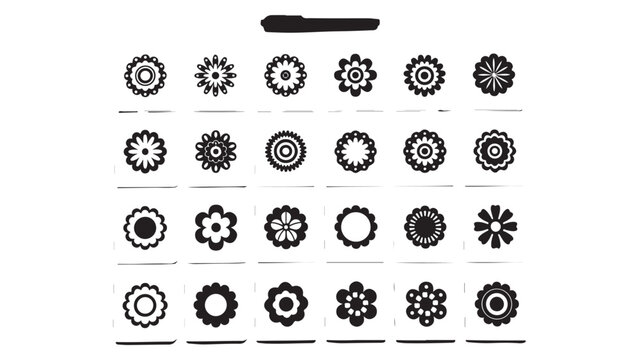 Geometric floral mandala icons, set of 24 black and white circular ornaments, decorative flower symbols for branding and pattern design
