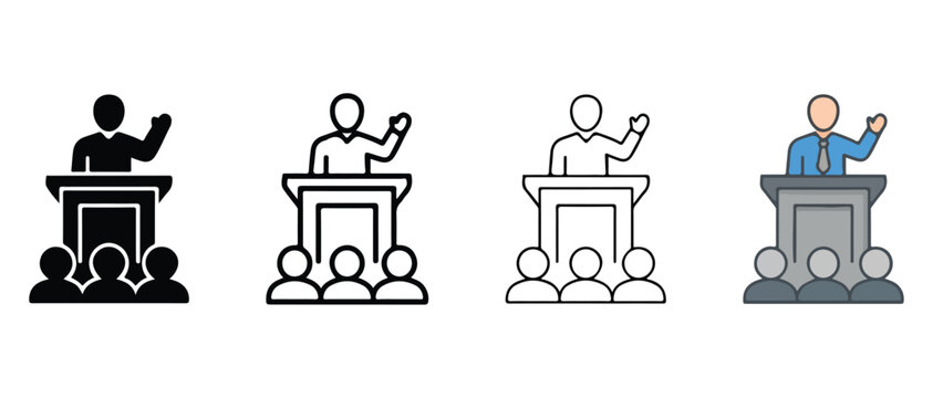 people giving a speech from a podium to an audience with a white background
