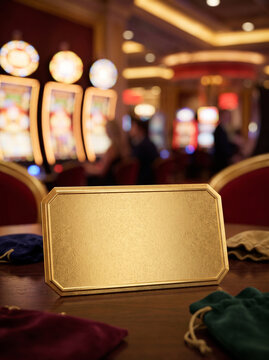 A brilliant golden blank display rests on a gaming table ready for custom content. The luxurious casino setting featuring blurred slot machines and red seating signifies high-stakes entertainment stra