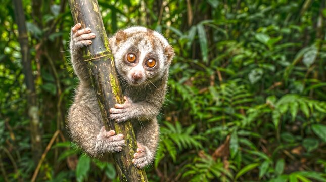 Slow loris clinging to a bamboo stalk in the rainforest