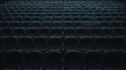 Obraz premium Empty auditorium seats arranged in repeating rows under moody lighting evoking solitude