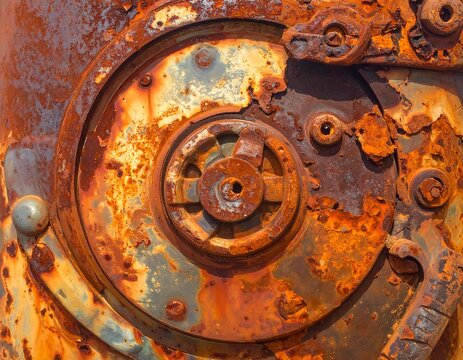 Close-up of heavily rusted metal object with circular details, revealing worn textures
