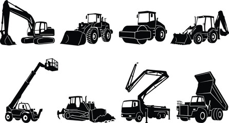 Heavy construction machinery and vehicles black silhouette icons set including excavator dump truck bulldozer and crane © MstRowshan