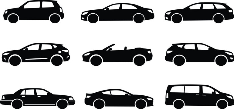Set of black car silhouettes and different vehicle body types including sedan suv hatchback coupe and minivan