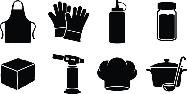 Set of black cooking and barbecue accessories silhouettes including apron gloves blowtorch chef hat and saucepan