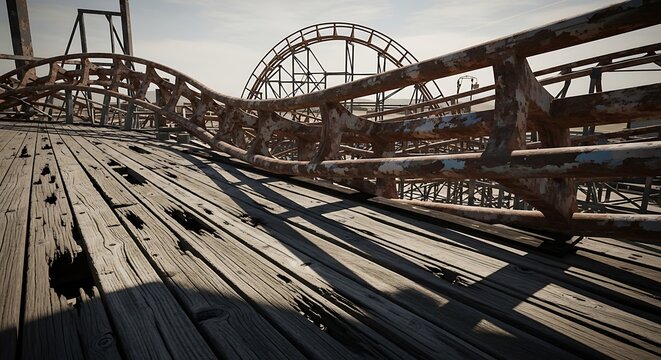 Abandoned wooden roller coaster structure at an old amusement park.