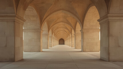Fototapeta premium Sunlit limestone arched corridor with repeating vaults creating serene rhythm and depth