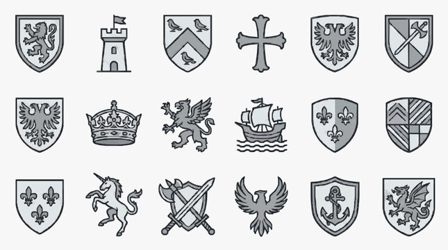 Dynamic Collection of 15 Unique Heraldic Shields and Symbols in Monochrome Art for Crests Logos and Emblems