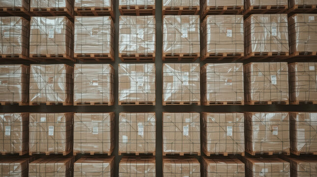 Aerial top view of stacked cargo pallets wrapped plastic showing organized warehouse storage