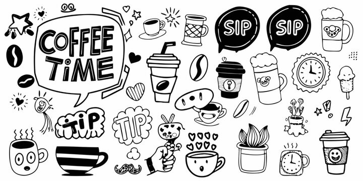 coffee time doodle collection in playful black and white style cup mug sip tip speech bubble plant clock ice cream vector