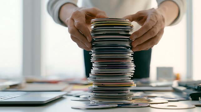 hands holding stack of compact discs on office desk with laptop and papers