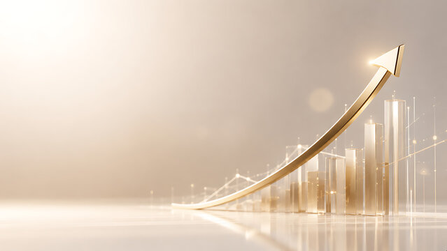 Golden 3D Upward Arrow and Financial Bar Graph Symbolizing Business Growth and Success