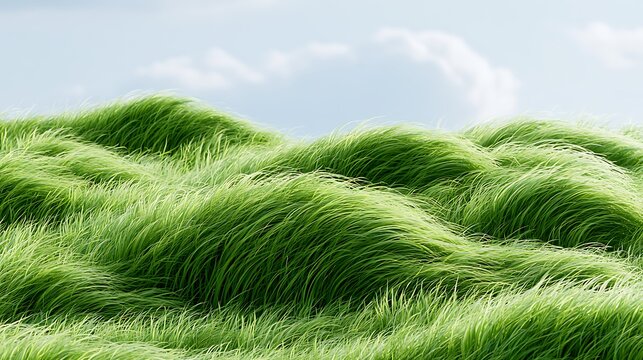 wavy green grass hills under blue sky with white clouds