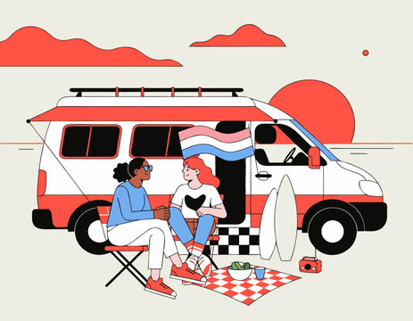 Modern illustration of a lesbian couple relaxing outside a camper van with surfboards, enjoying a picnic on a checkered blanket in a vibrant outdoor setting