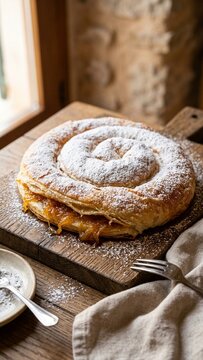 Spiral Spanish ensaimada pastry with pumpkin jam filling on rustic wooden board with powdered sugar dusting