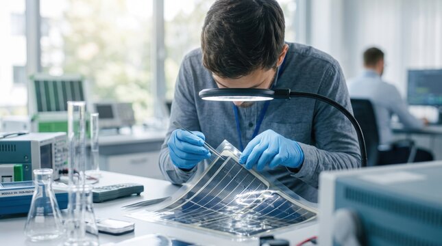 Engineer inspecting flexible solar panel prototype with magnifying lamp in high tech electronics lab for renewable energy development and sustainable power innovation.