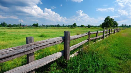 Fototapeta premium Serene Rural Landscape with Wooden Fence, Lush Green Grass, and Azure Sky with Fluffy Clouds