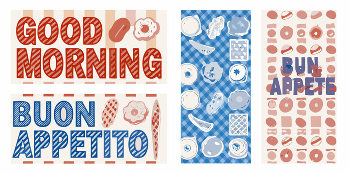 retro breakfast and coffee poster set with striped text and food icons vintage morning appetite donut egg bacon vector illustration pattern