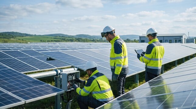 Group of workers maintaining solar plant, checking electrical box, teamwork in renewable energy field, sunny day